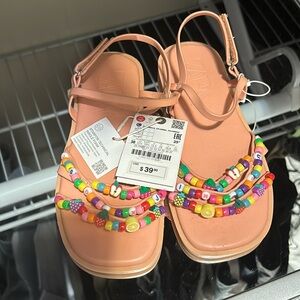 NWT Zara coral summer leather sandals shoes girls kids 12.5 beads so cute